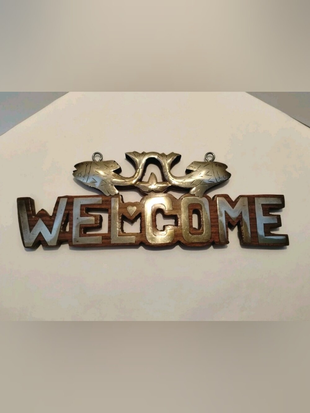 Brass Wood WELCOME Sign Fish Plaque Folk Art Door Hanging Coastal Nautical
